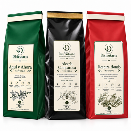 Pack Descubre Disfrutarte: Aquí y Ahora, Alegría Compartida y Respira Hondo, tres bolsas de 50 g